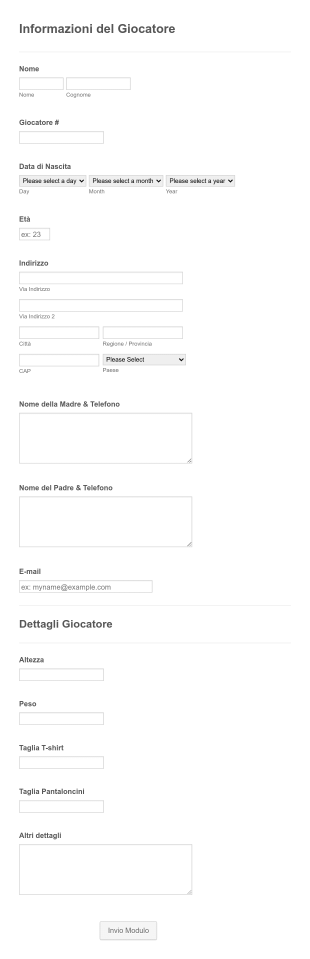 Modulo Profilo Giocatore Form Template