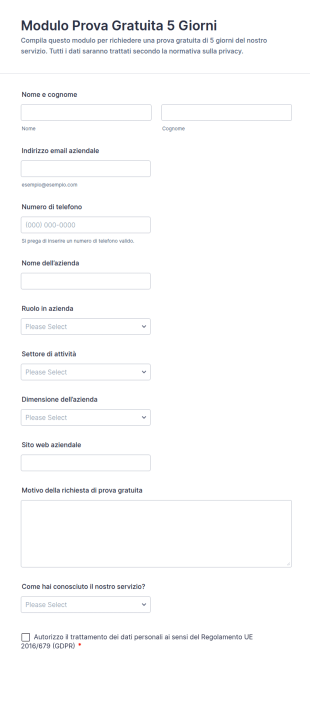 Modulo Prova Gratuita 5 Giorni