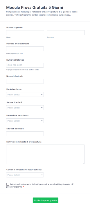 Modulo Prova Gratuita 5 Giorni