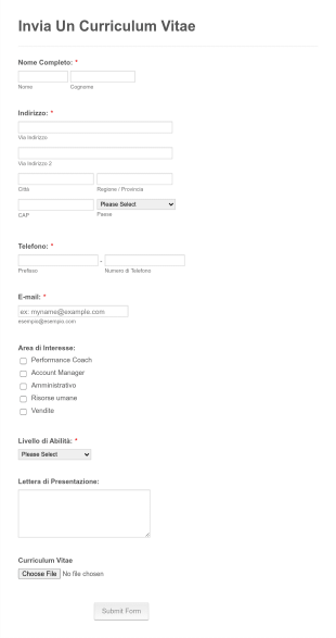 Modulo Raccolta Curriculum Vitae Form Template