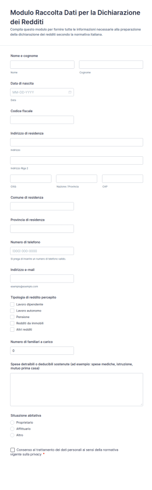 Modulo Raccolta Dati Per La Dichiarazione Dei Redditi