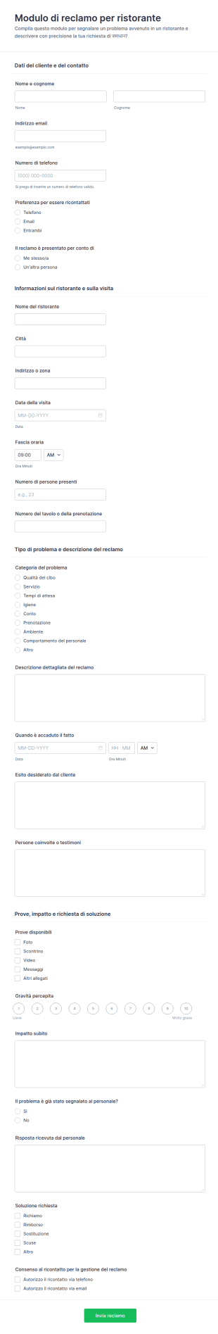 Modulo Reclamo Al Ristorante