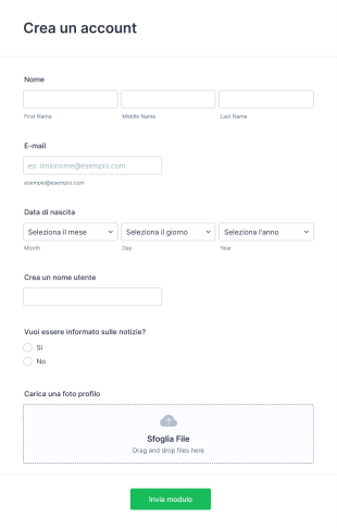 Modulo Registrazione Account Form Template