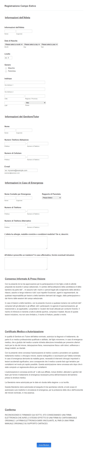 Modulo Registrazione Al Campo Estivo Dettagliato