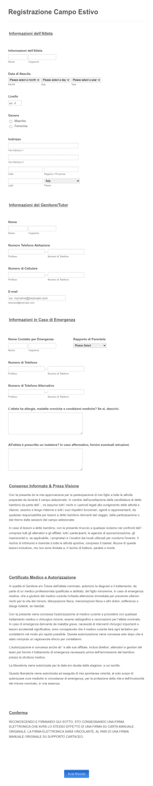 Modulo Registrazione Al Campo Estivo Dettagliato Form Template