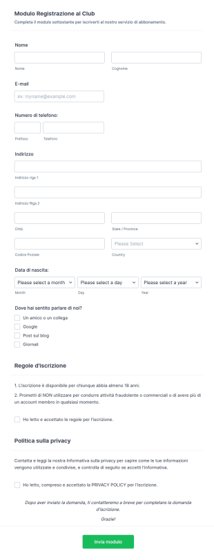Modulo Registrazione Al Club