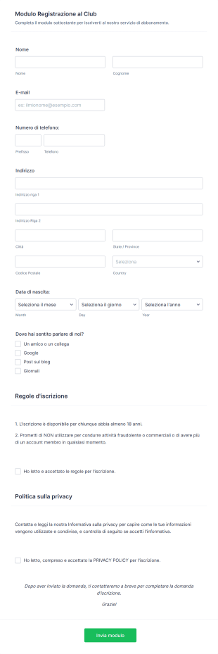 Modulo Registrazione Al Club