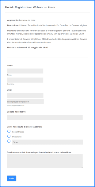 Modulo Registrazione Webinar Su Zoom