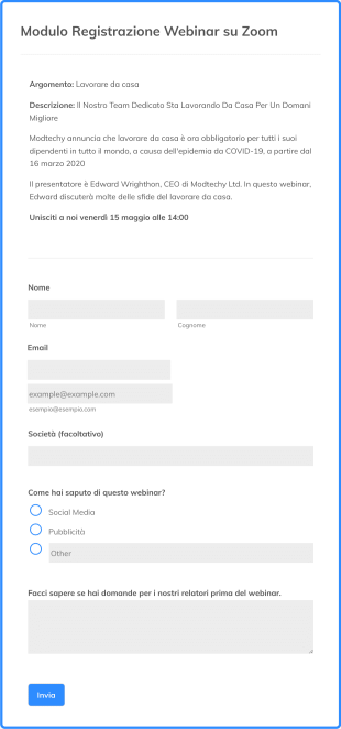 Modulo Registrazione Webinar Su Zoom Form Template