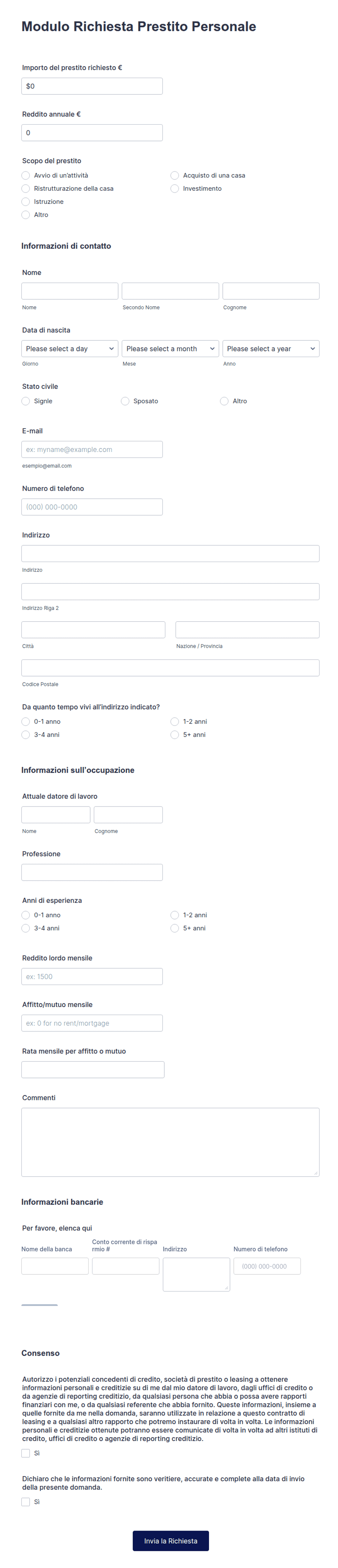 Modulo Richiesta Prestito Personale | Jotform