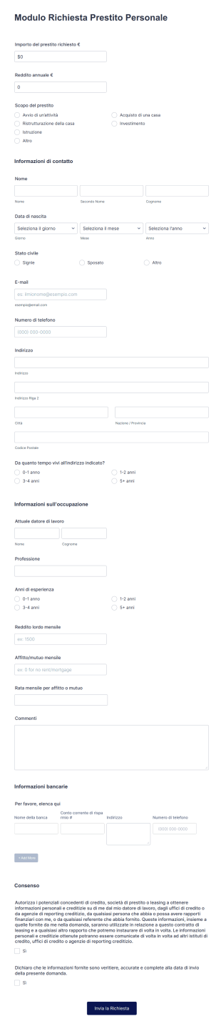 Modulo Richiesta Prestito Personale Form Template
