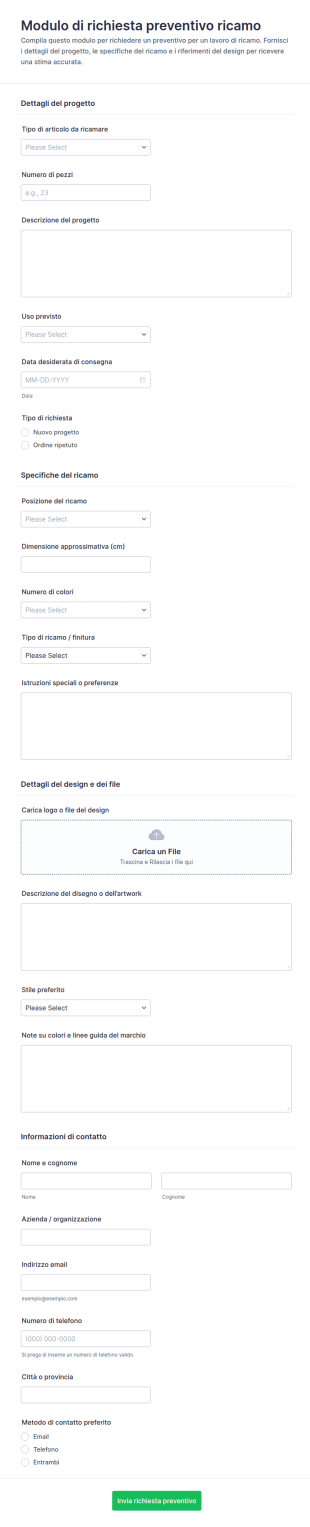 Modulo Richiesta Preventivo Ricami
