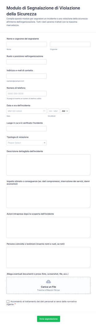 Modulo Segnalazione Violazione Di Sicurezza