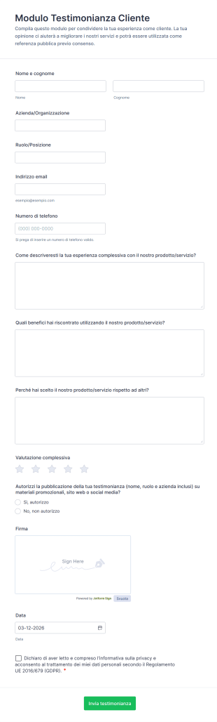 Modulo Testimonianza Cliente