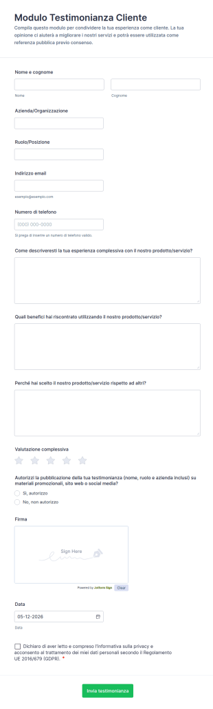 Modulo Testimonianza Cliente