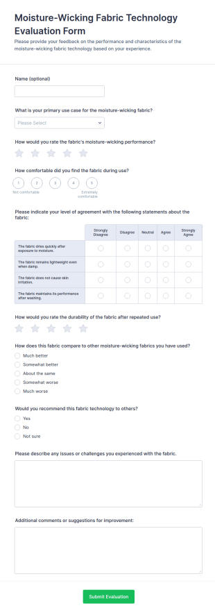 Moisture Wicking Fabric Technology Evaluation Form Template