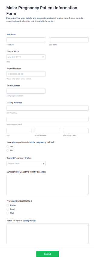 Molar Pregnancy Patient Information Form Template