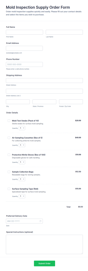 Mold Inspection Supply Order Form Template