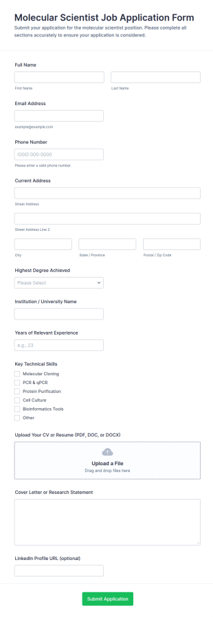 Molecular Scientist Job Application Form Template
