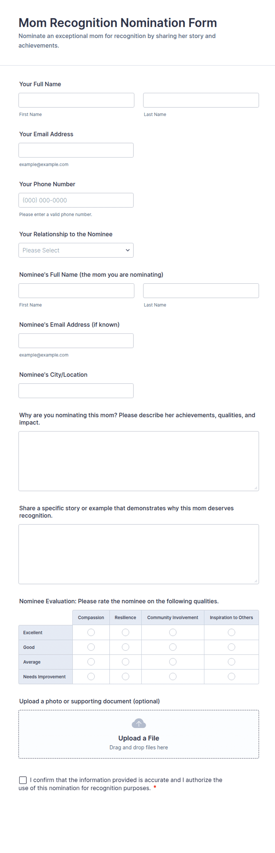 Mom Recognition Nomination Form Form Template | Jotform