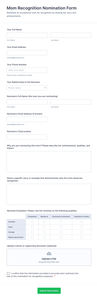 Mom Recognition Nomination Form Template