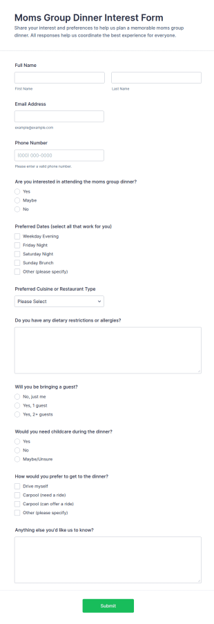 Moms Group Dinner Interest Form Template
