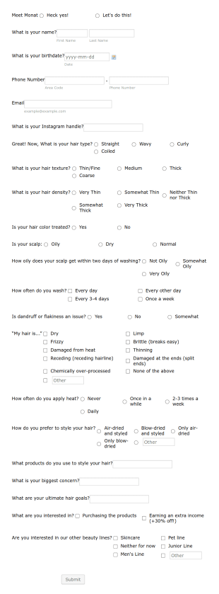 Monat Hair Consultation Quiz Form Template