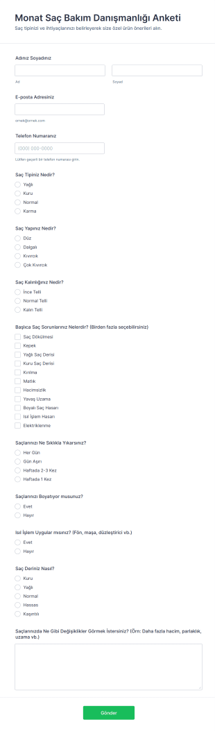 Monat Saç Bakım Danışmanlığı Anketi Form Şablonu