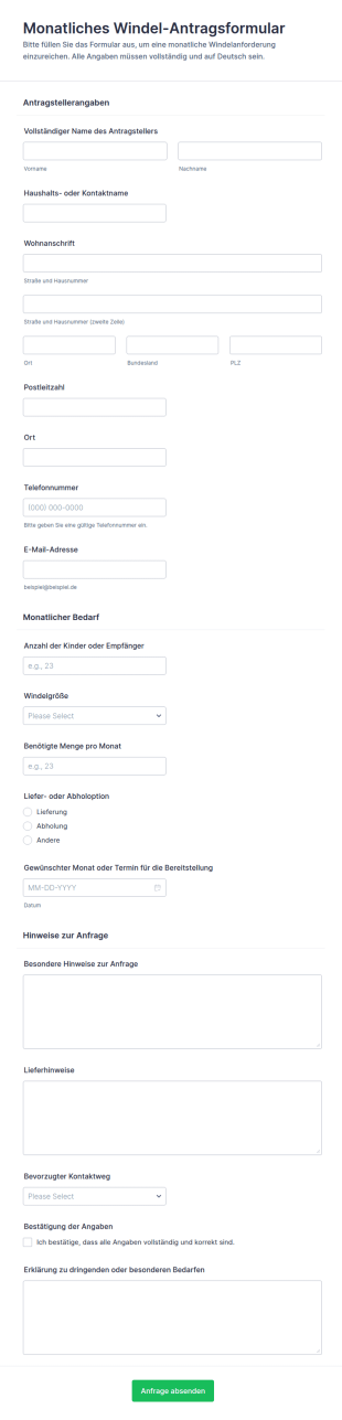 Monatliche Windelbestellung Form