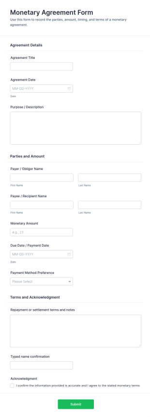 Monetary Agreement Form Template