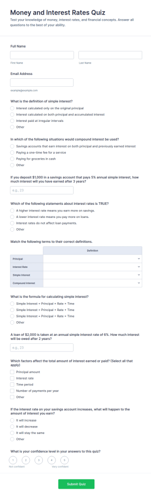 Money And Interest Rates Quiz Form Template