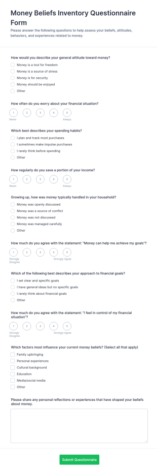 Money Beliefs Inventory Questionnaire Form Template