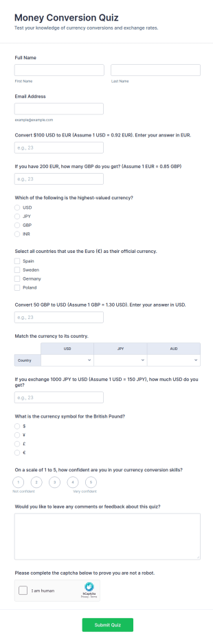 Money Conversion Quiz Form Template