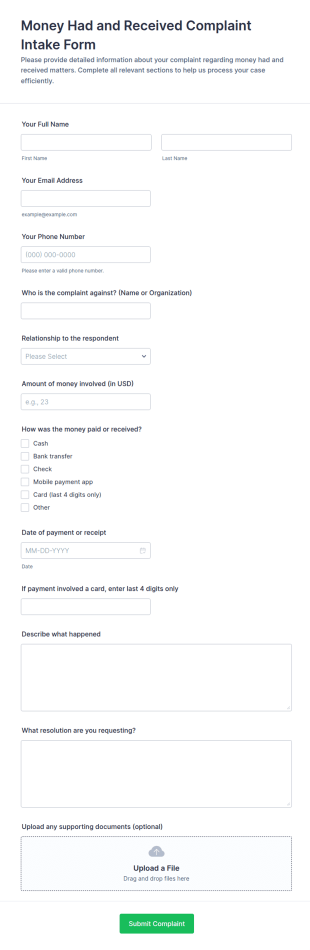 Money Had And Received Complaint Intake Form Template