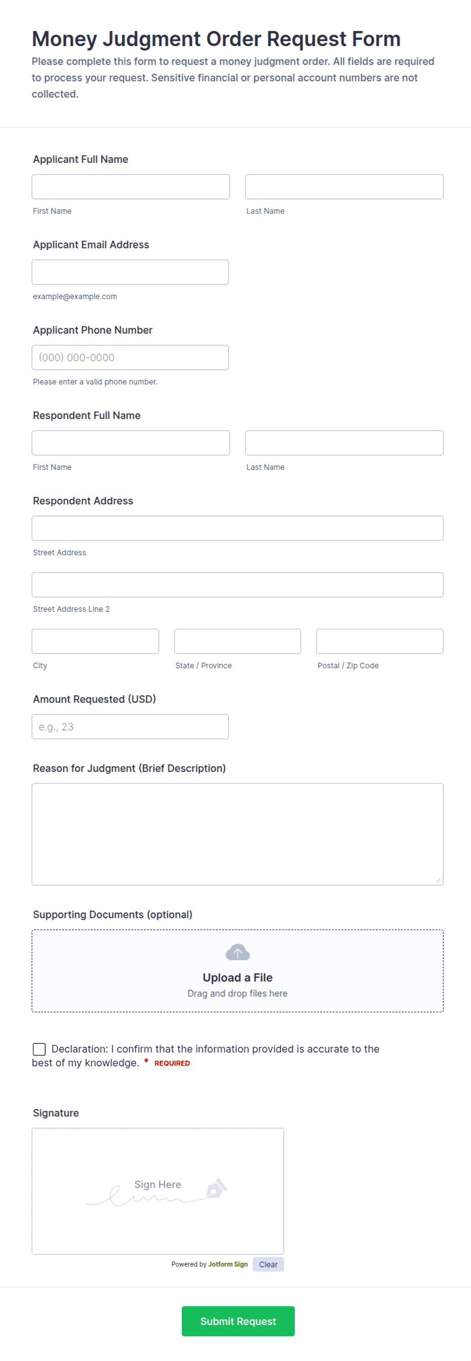 Money Judgment Order Request Form Template | Jotform