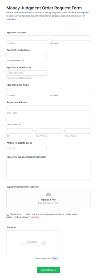 Money Judgment Order Request Form Template