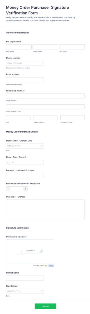 Money Order Purchaser Signature Verification Form Template
