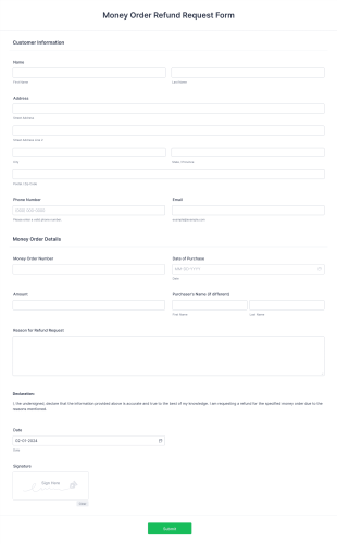 Money Order Refund Request Form Template