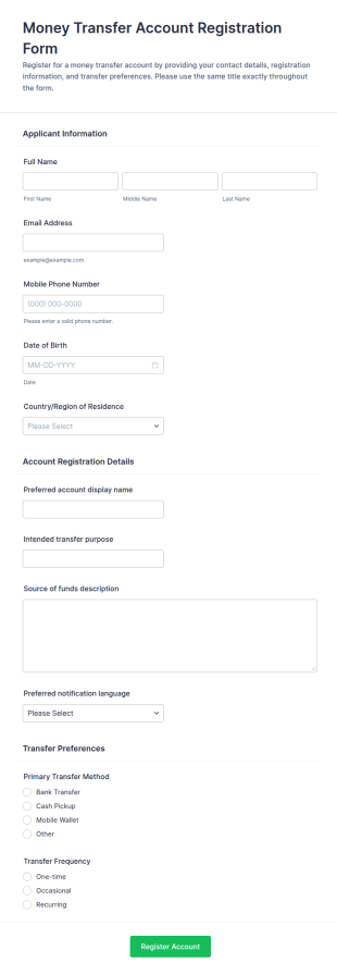 Money Transfer Account Registration Form Template