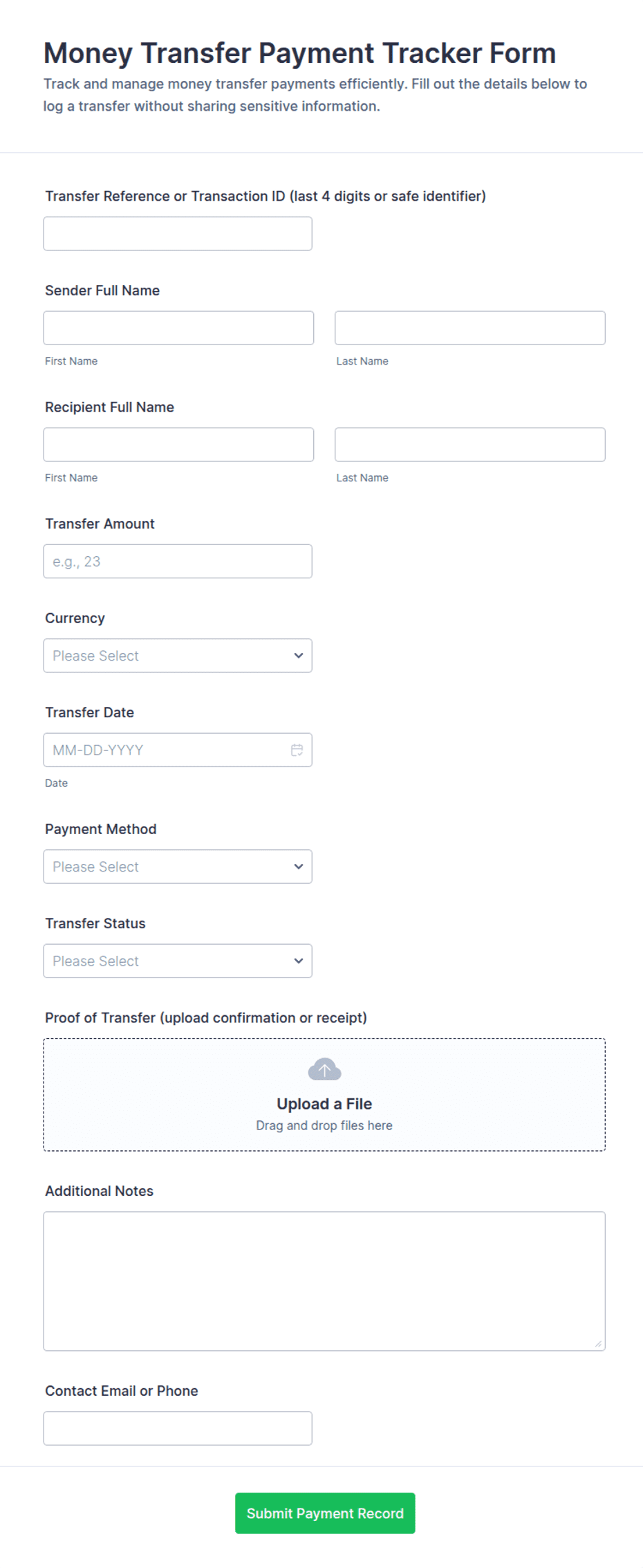 Money Transfer Payment Tracker Form Template | Jotform