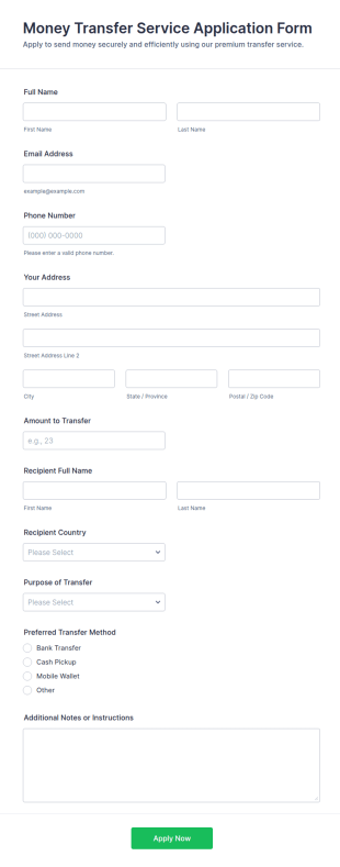 Money Transfer Service Application Form Template