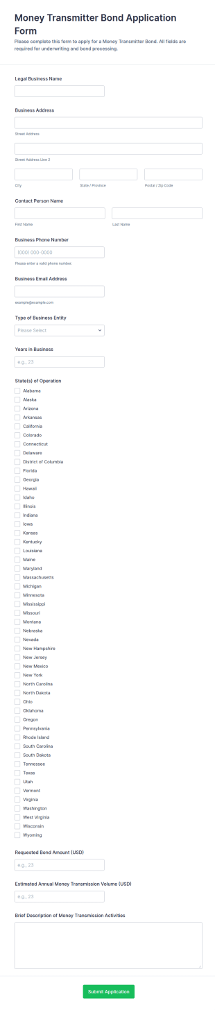 Money Transmitter Bond Application Form Template