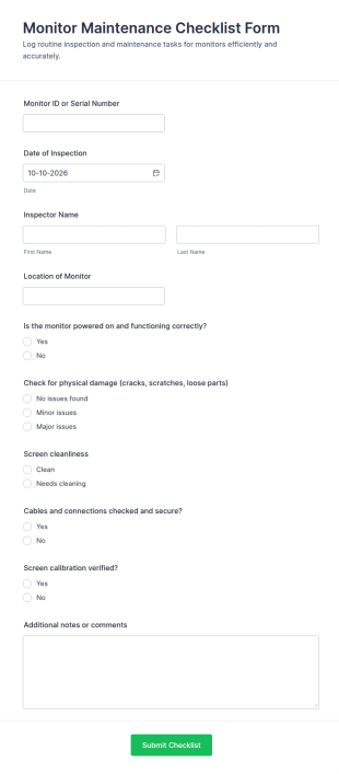 Monitor Maintenance Checklist Form Template