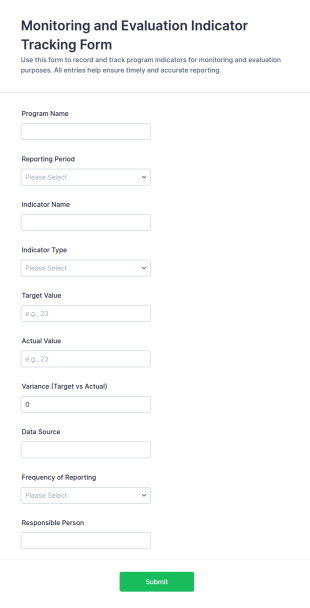 Monitoring And Evaluation Indicator Tracking Form Template
