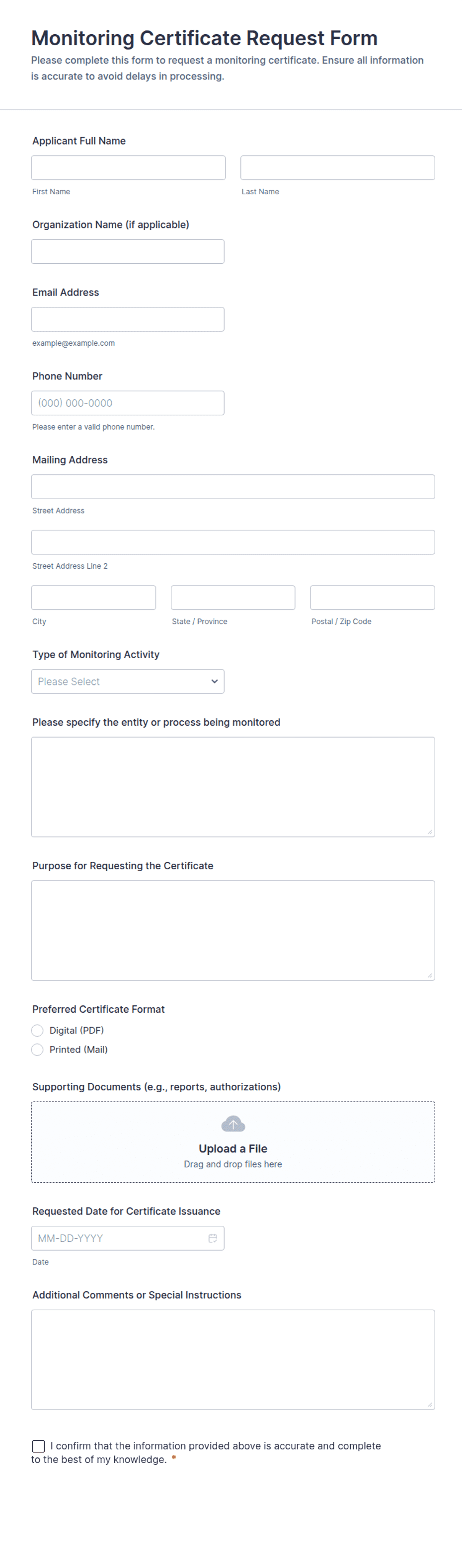 Monitoring Certificate Request Form Template | Jotform