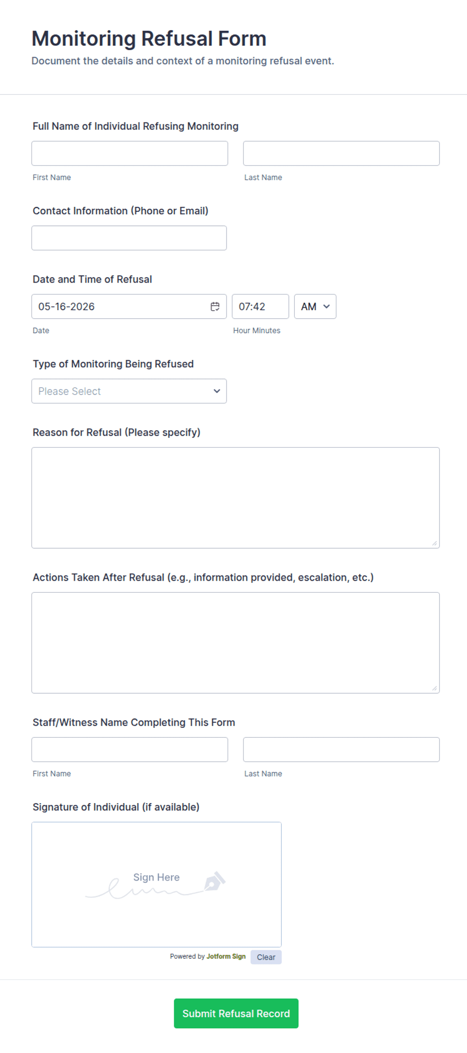 Monitoring Refusal Form Template | Jotform