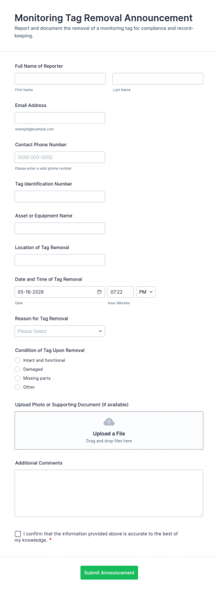 Monitoring Tag Removal Announcement Form Template