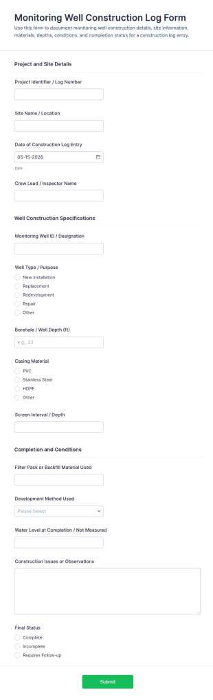 Monitoring Well Construction Log Form Template