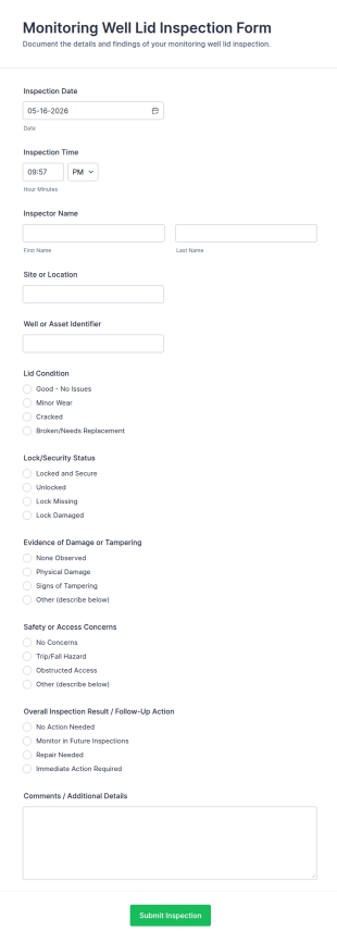 Monitoring Well Lid Inspection Form Template