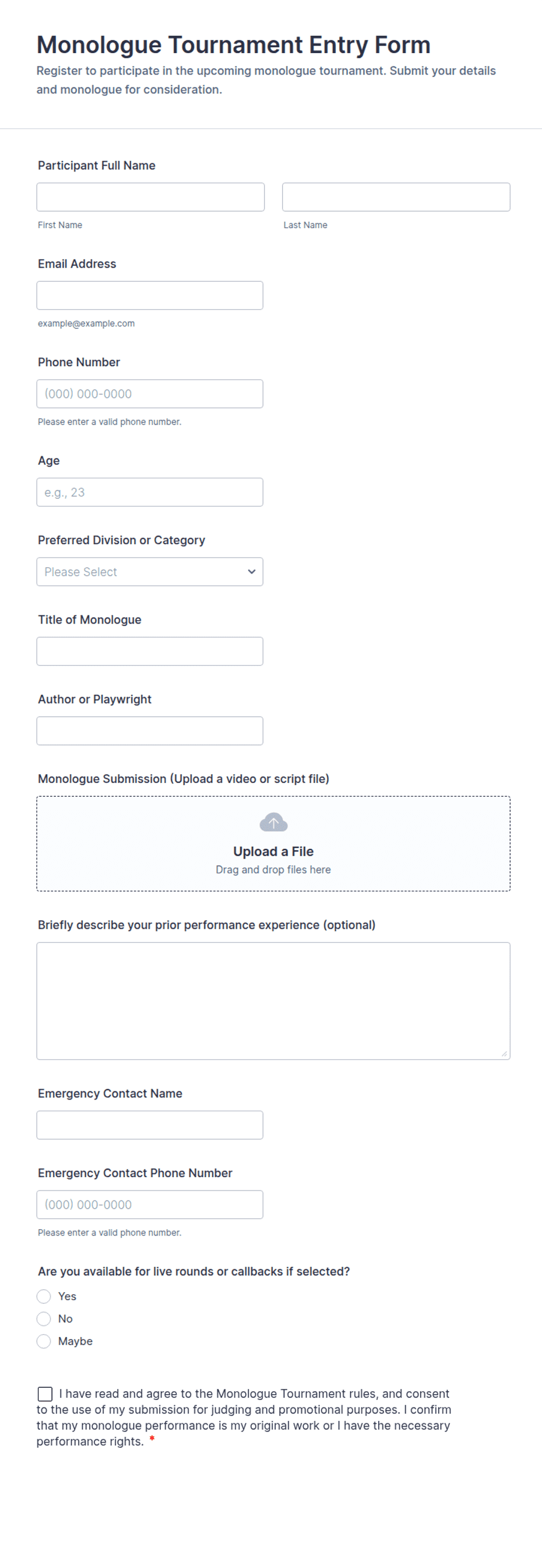 Monologue Tournament Entry Form Template | Jotform
